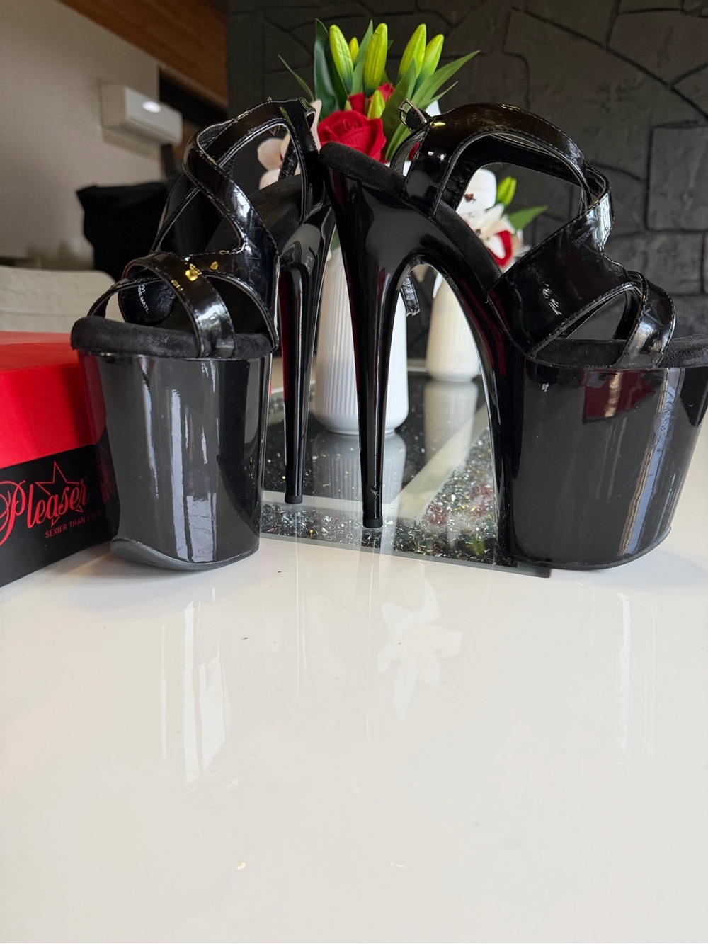8 inch Pleaser Black Patent Platform Stiletto Sandals